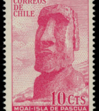 Sello postal, emitido el año 1968 por Correos de Chile, con la figura de un Moai, color rosa.