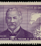 Sello postal emitido el año 1970 por Correos de Chile, color violeta.